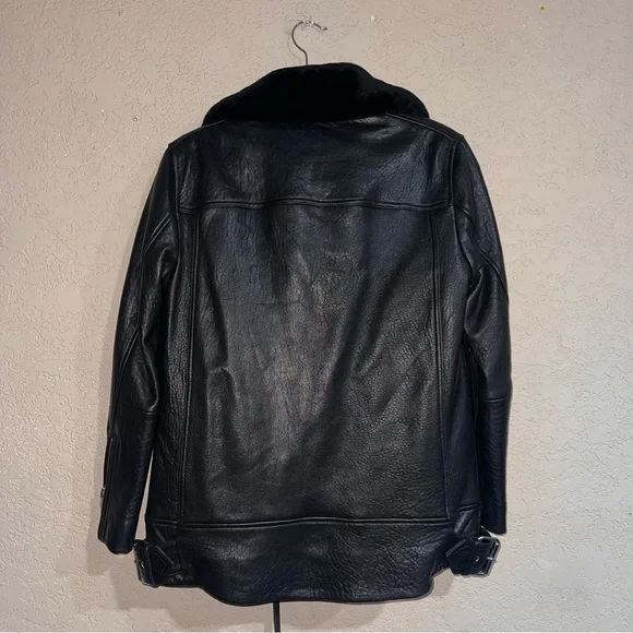 All Saints | Womens Maizie Shearling-Collar Leather Biker Jacket Size: Medium - Picture 10 of 13